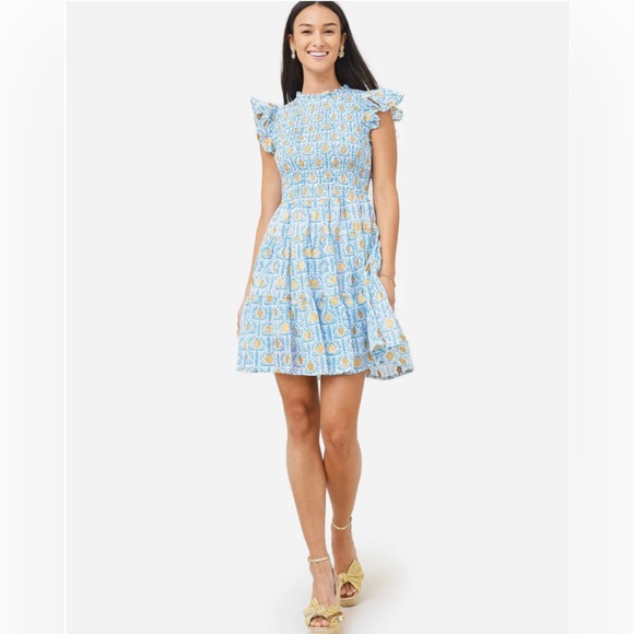 OLIPHANT Smocked Vine Blue Flirty Short Dress Small High Neck Ruffle Cotton - Picture 3 of 14